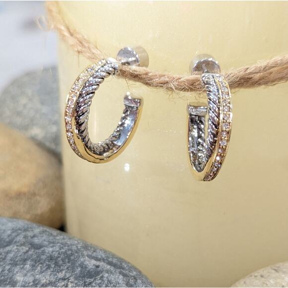 GOLD SILVER Two Tone Sparkle Twisted Rope Hoop Earrings - Picture 2 of 16